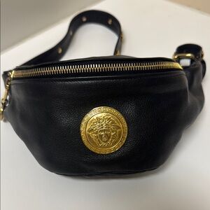 Gianni Versace Medusa Head Black Leather Belt Bag with Gold Medallion